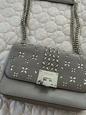 Michael Kors Tina Stud Medium Should Flap Bag Crossody Pearl Gray
